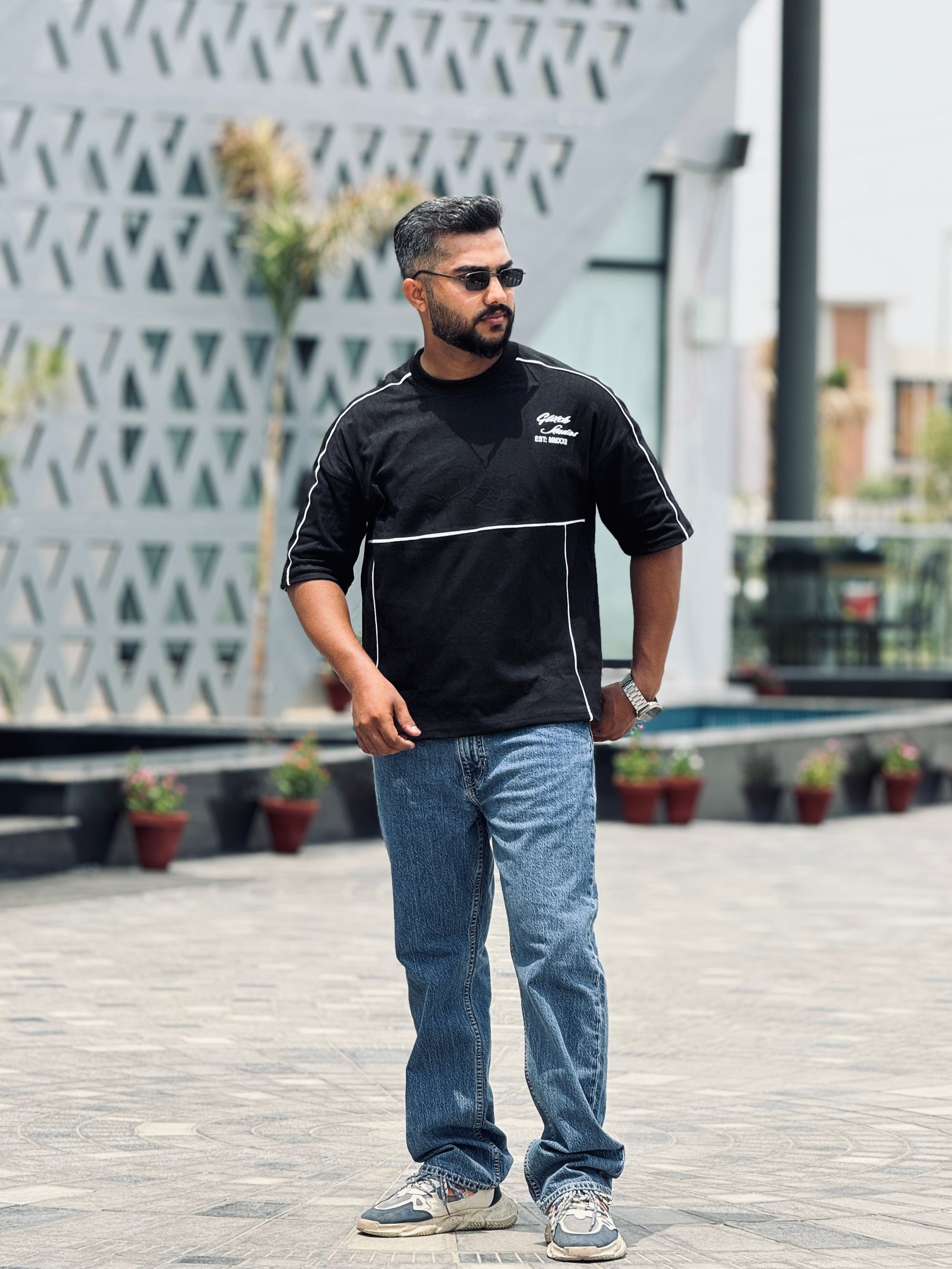 Black Piping Oversized Tee