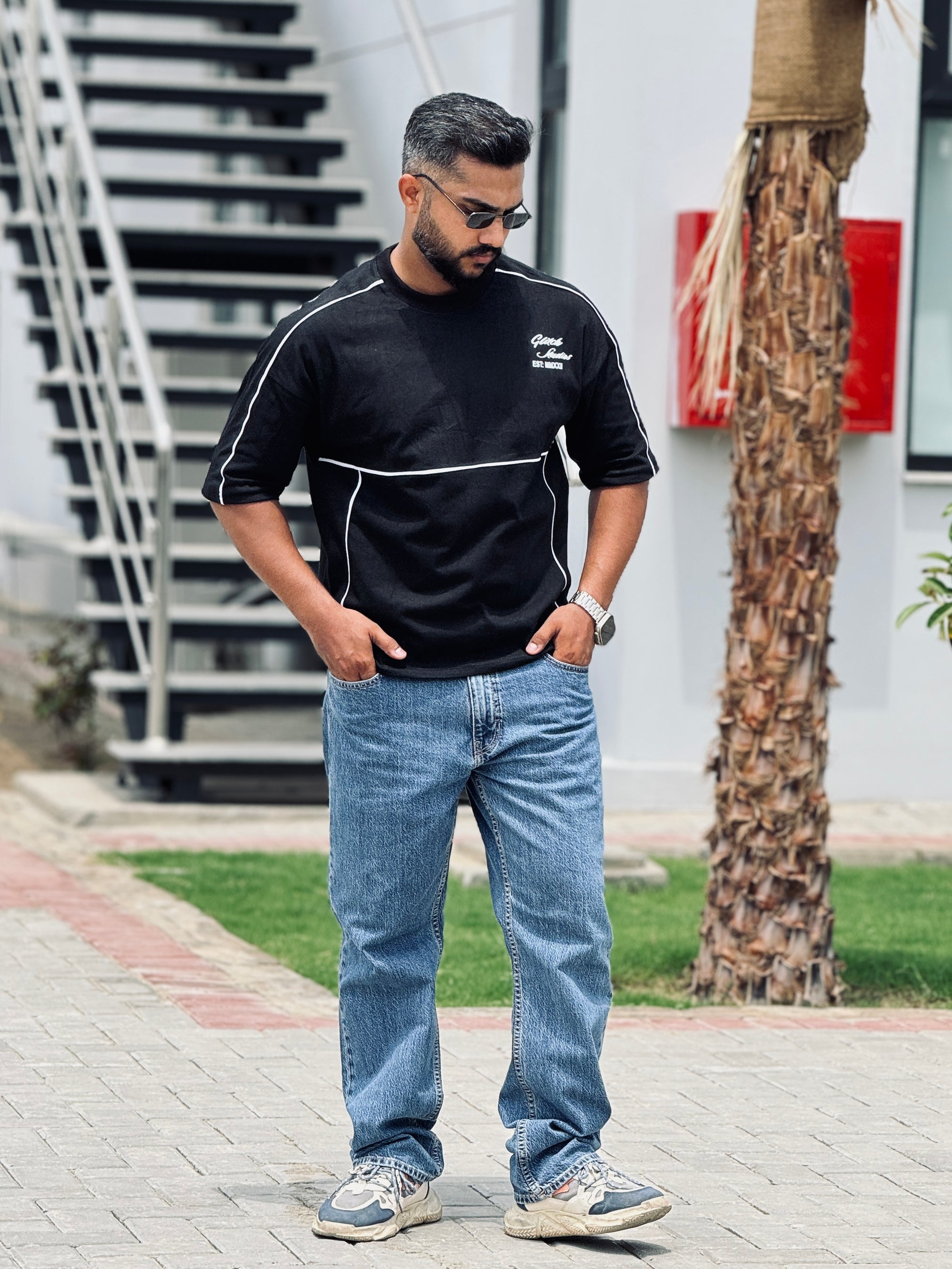 Black Piping Oversized Tee