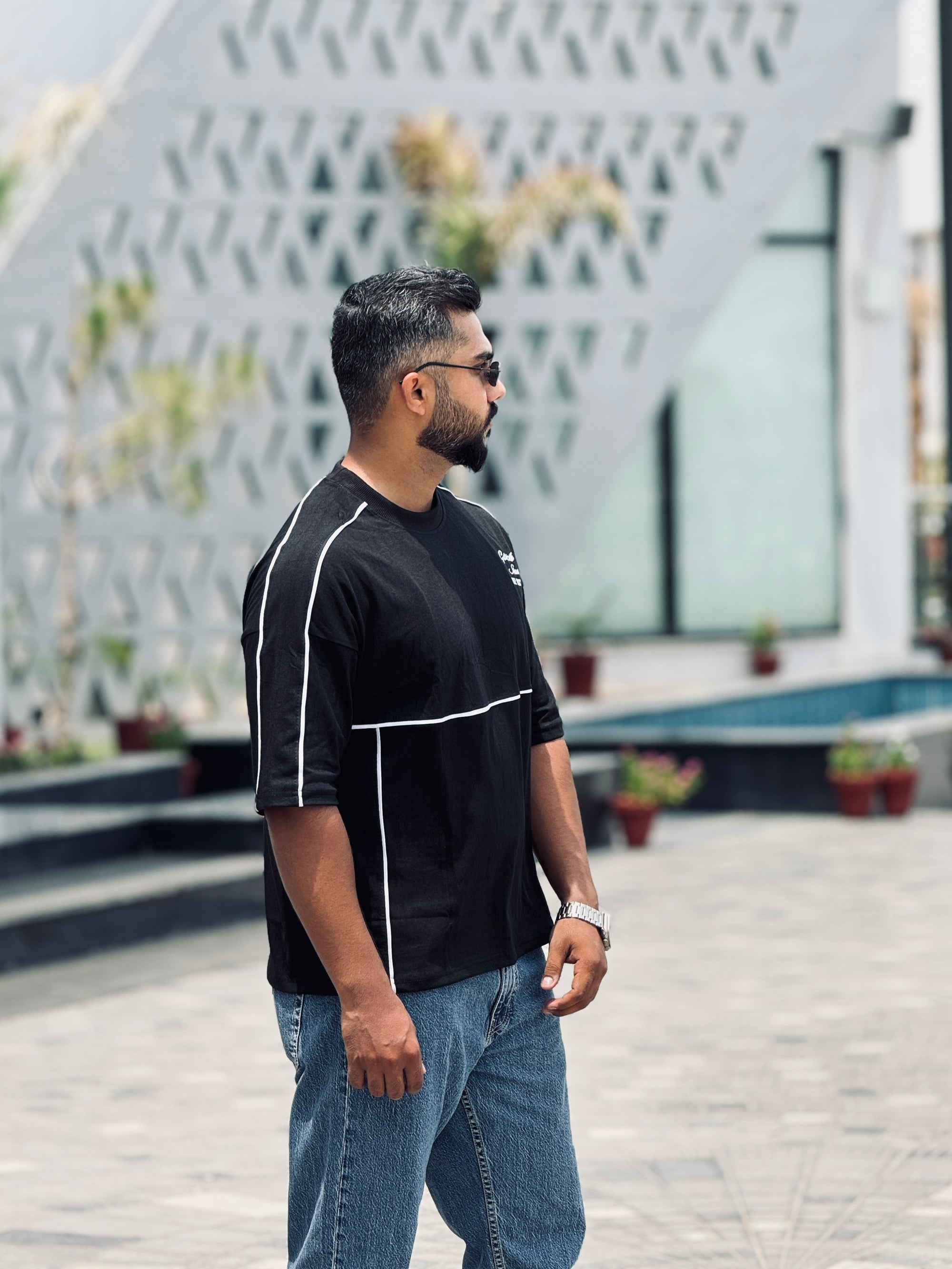 Black Piping Oversized Tee