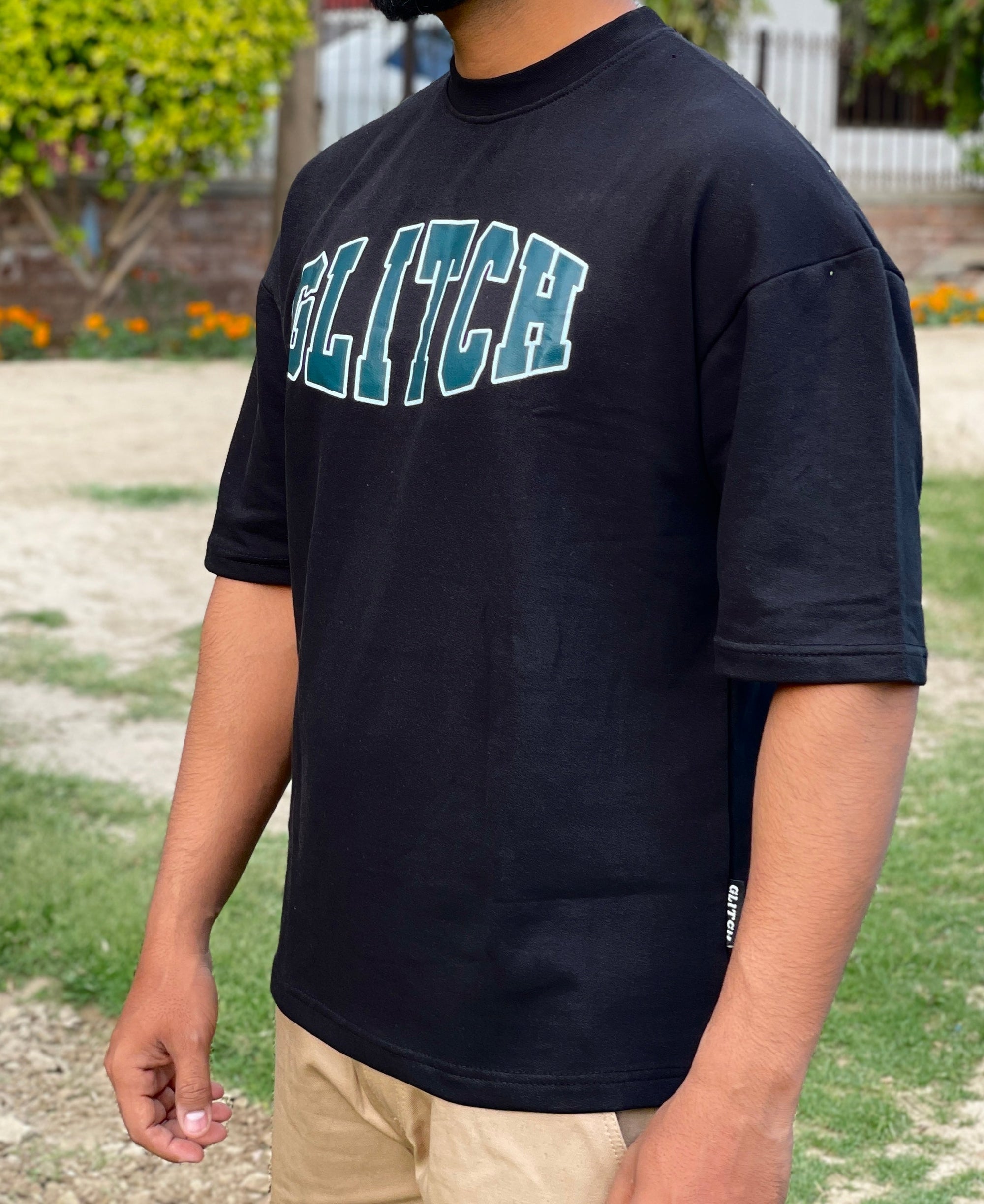Glitch Printed Black Oversized Tee