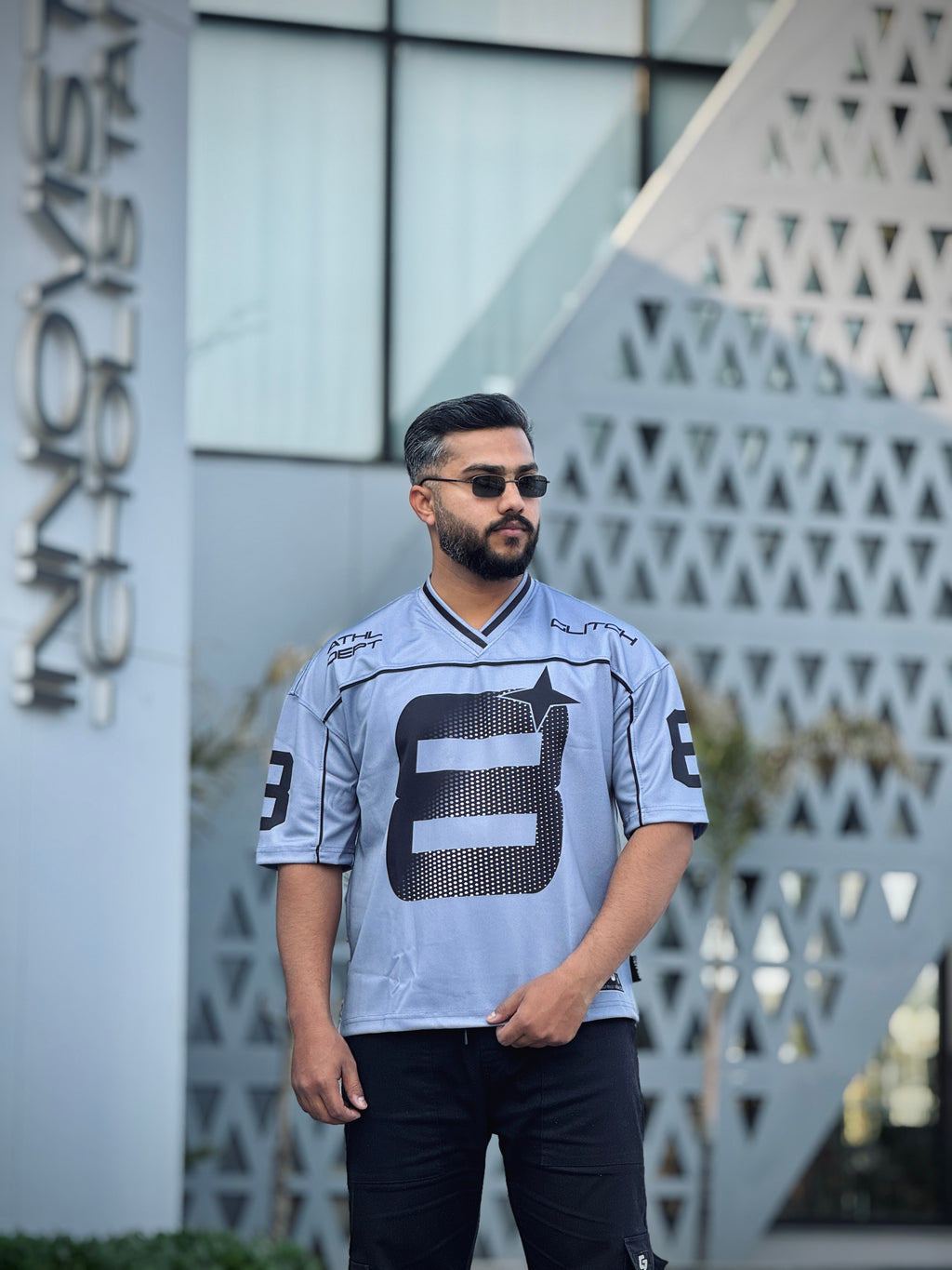 Silver Gray Piping '8' Oversized Mesh Jersey