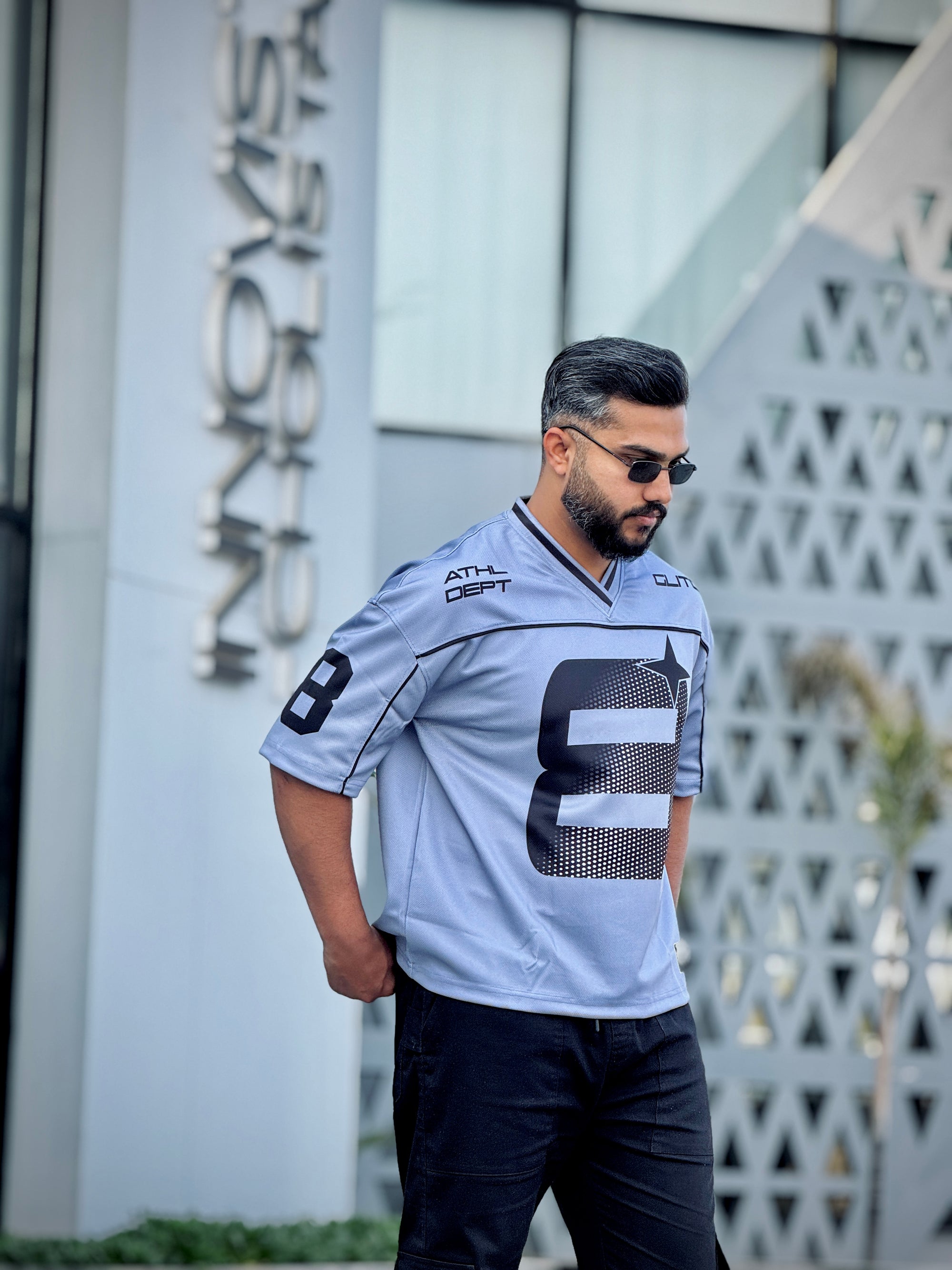 Silver Gray Piping '8' Oversized Mesh Jersey