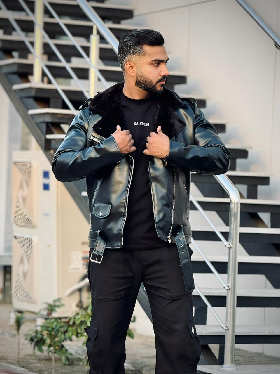 Biker Fur Leather Jacket Black