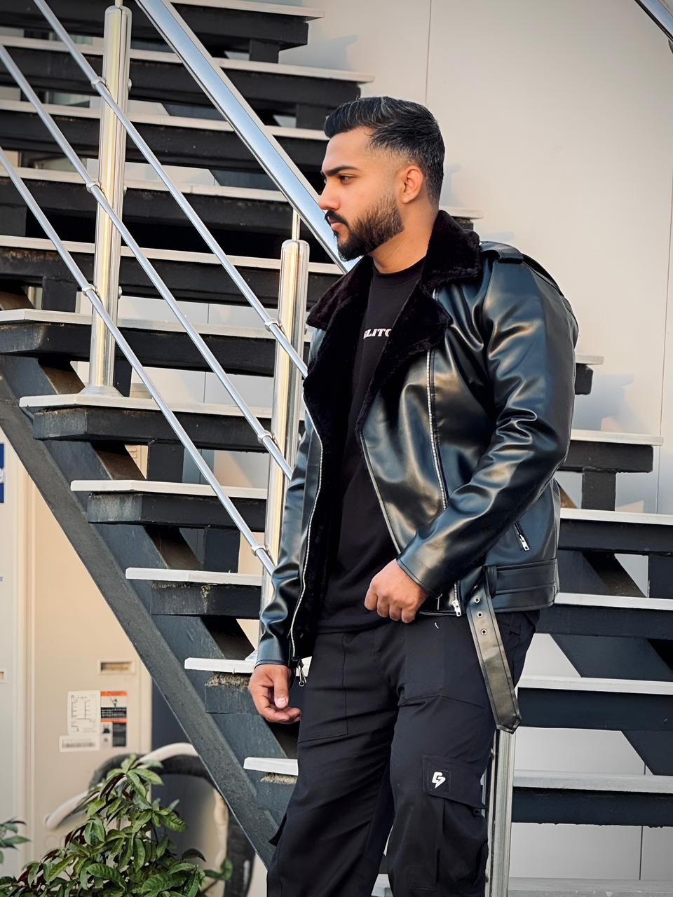 Biker Fur Leather Jacket Black