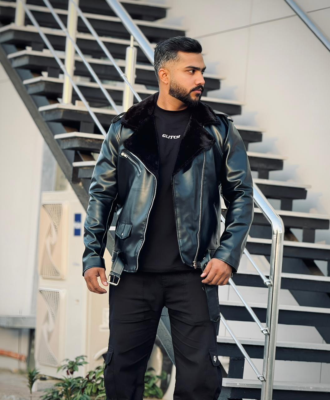 Biker Fur Leather Jacket Black