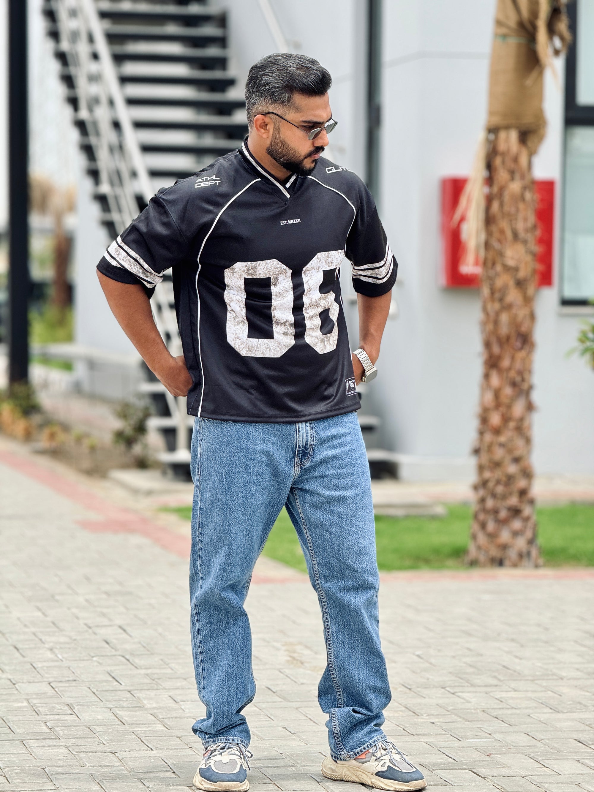 Black Piping '06' Oversized Mesh Jersey