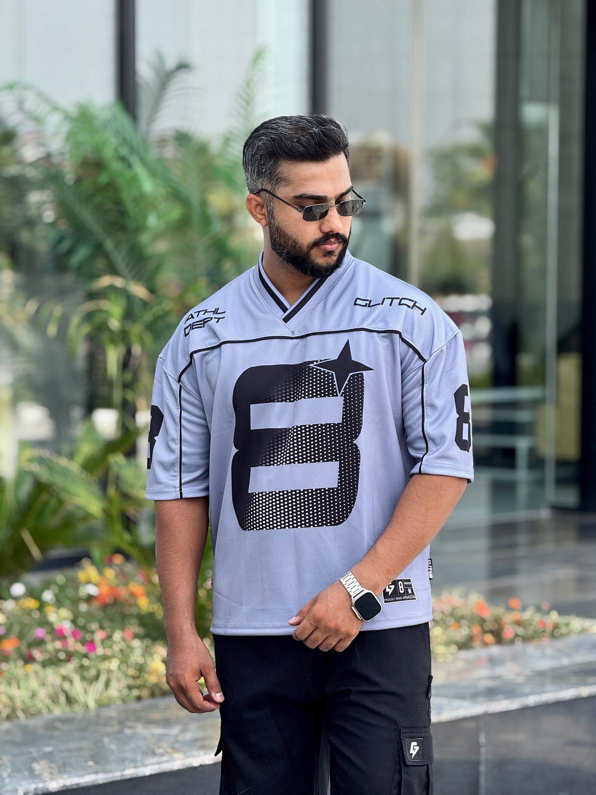 Silver Gray Piping '8' Oversized Mesh Jersey