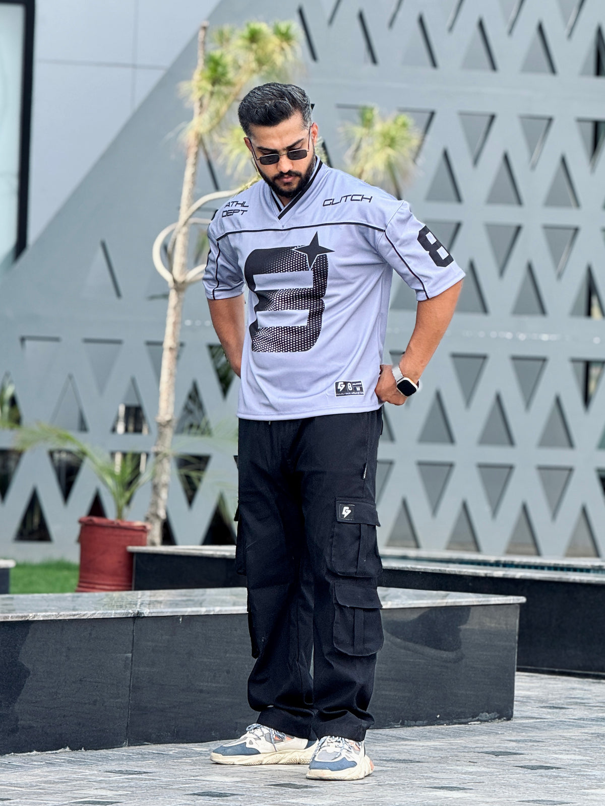 Silver Gray Piping '8' Oversized Mesh Jersey