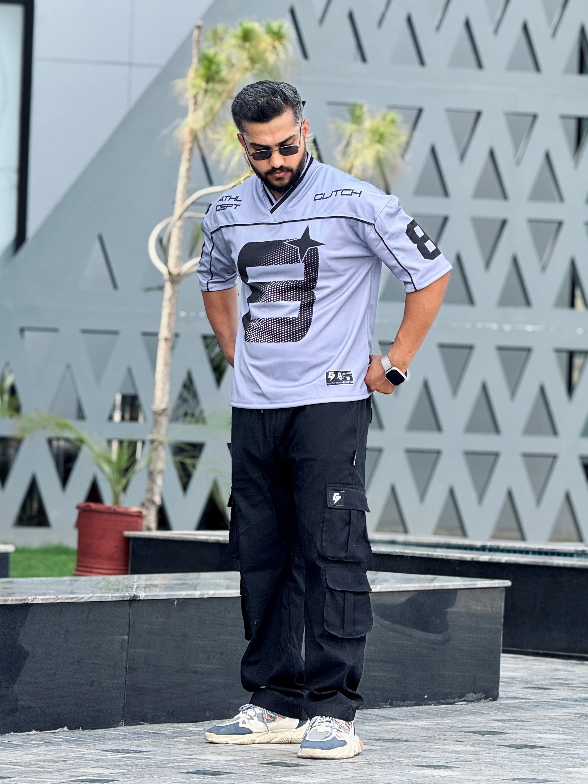 Silver Gray Piping '8' Oversized Mesh Jersey