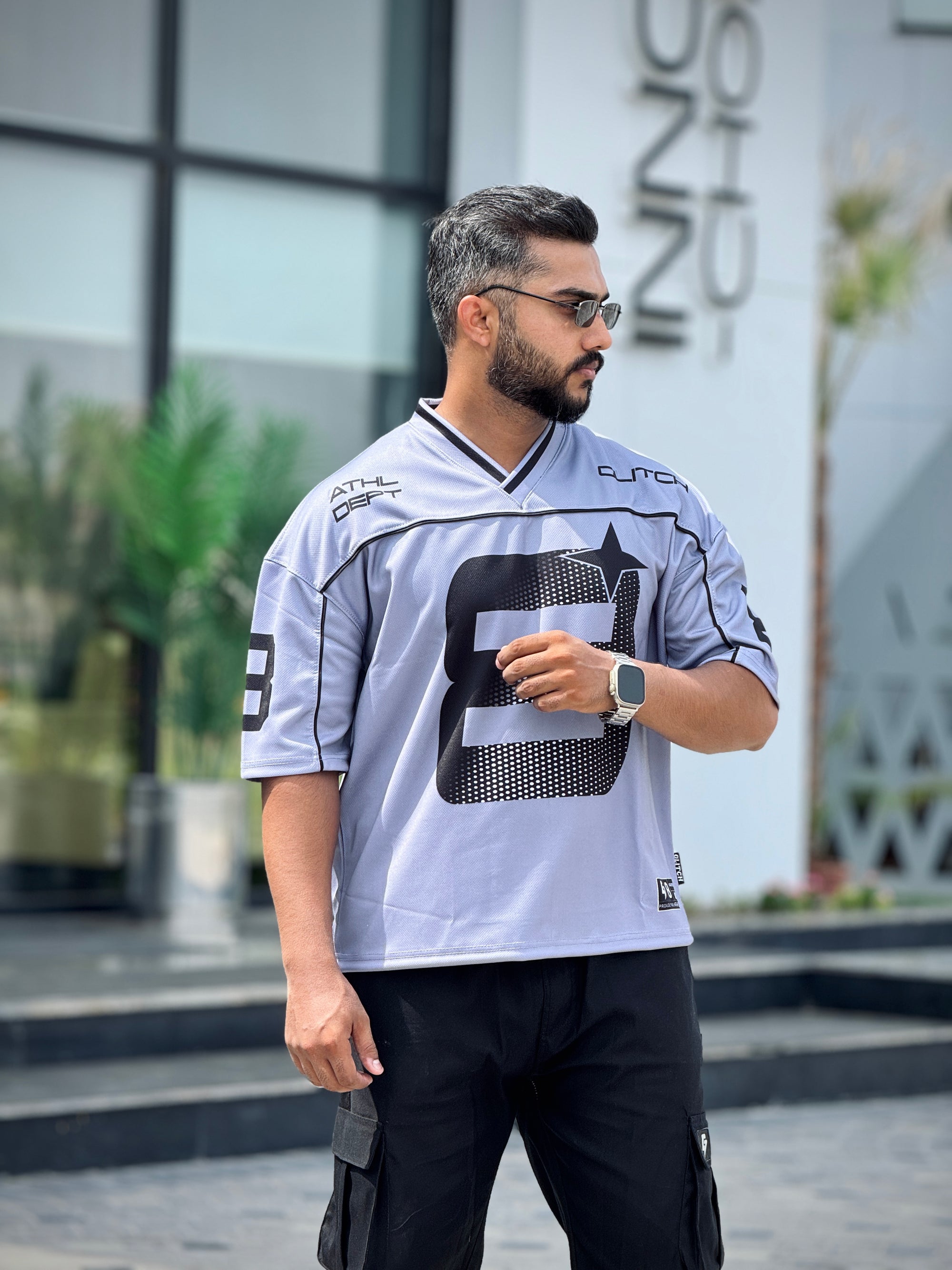 Silver Gray Piping '8' Oversized Mesh Jersey