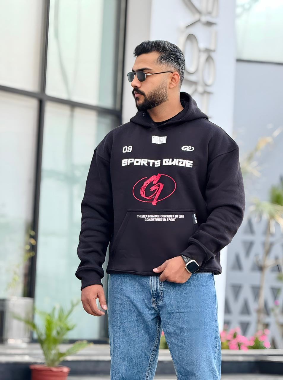 ''Sports Guide'' Black Printed Oversized Hoodie