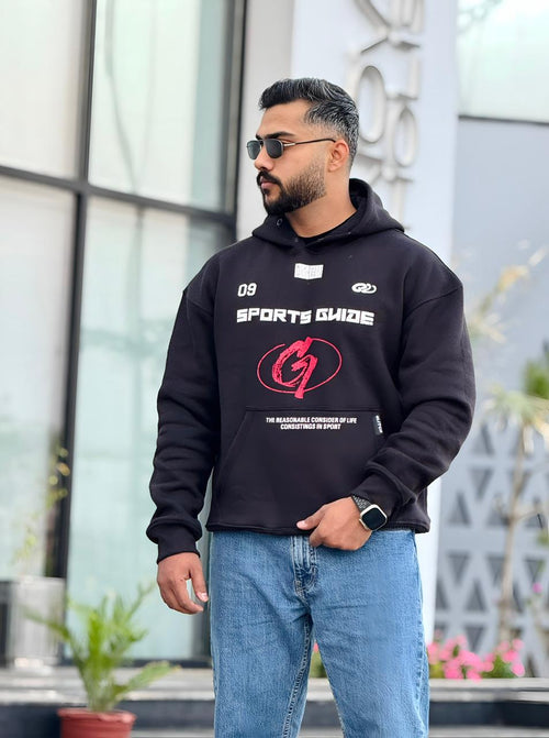 ''Sports Guide'' Black Printed Oversized Hoodie