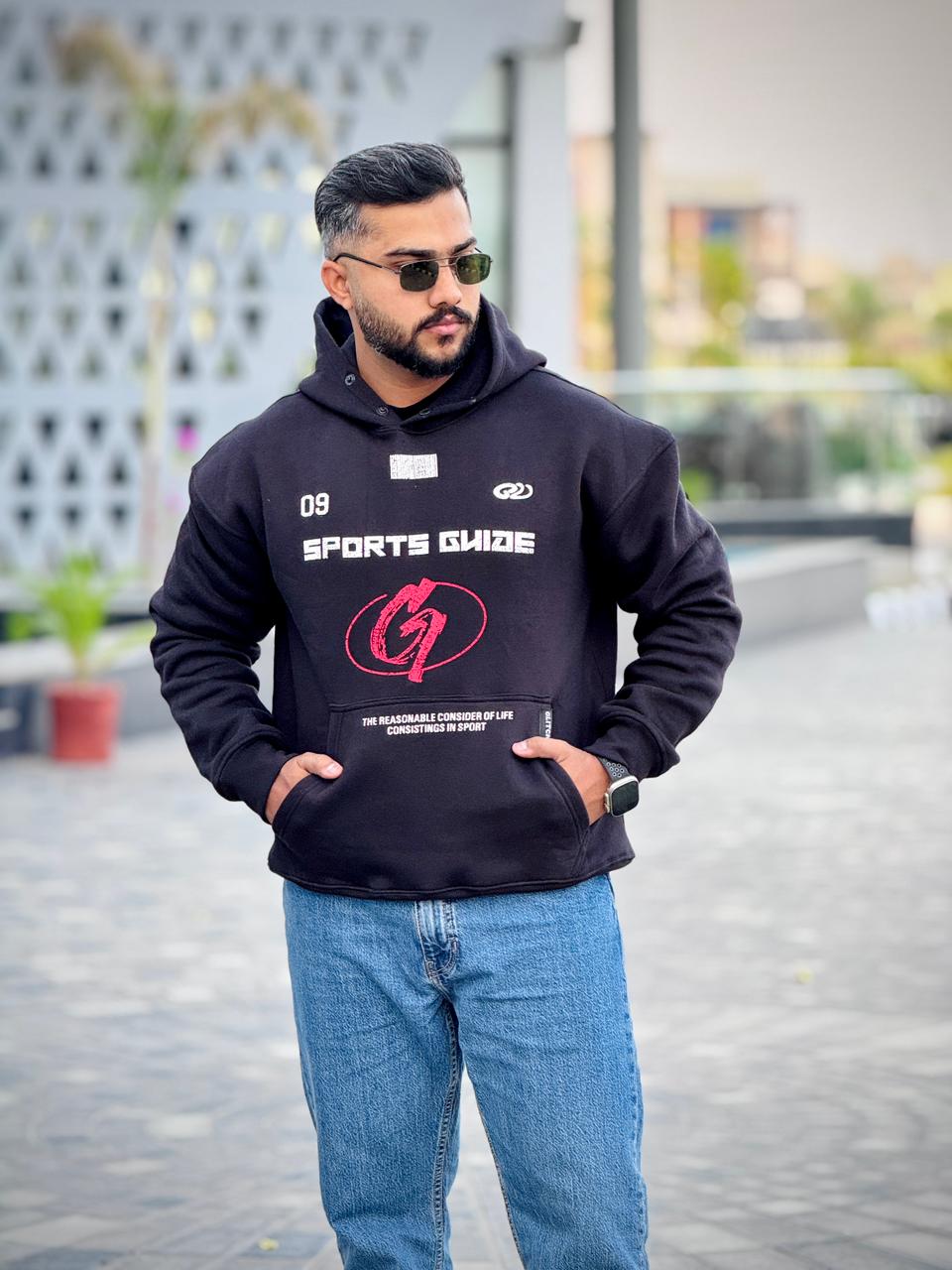''Sports Guide'' Black Printed Oversized Hoodie