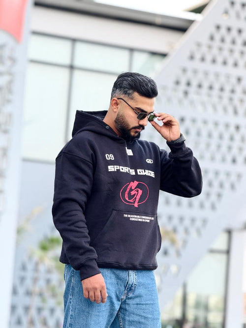 ''Sports Guide'' Black Printed Oversized Hoodie