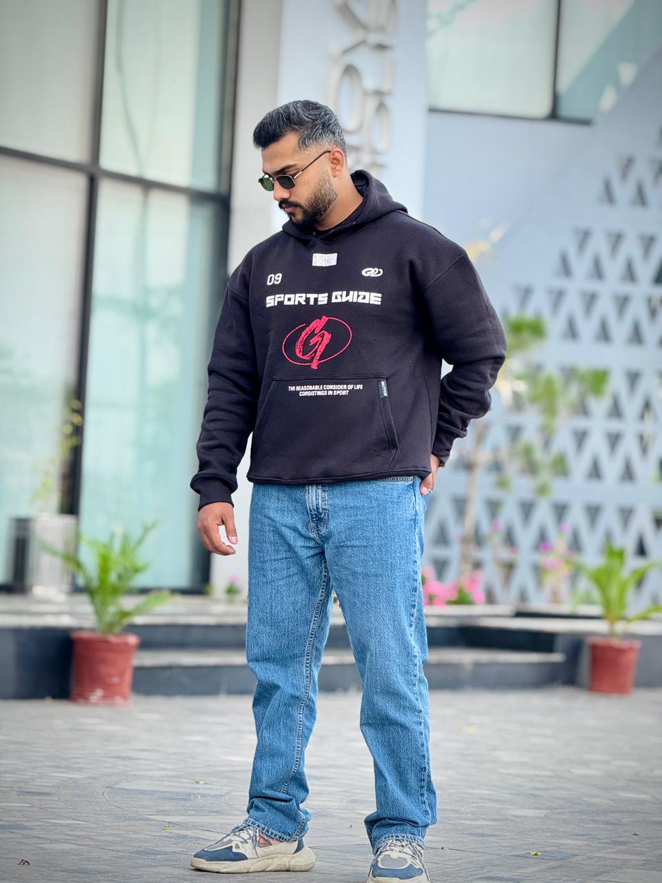 ''Sports Guide'' Black Printed Oversized Hoodie