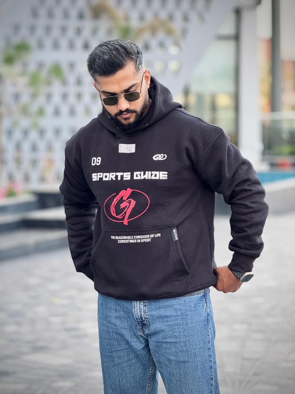 ''Sports Guide'' Black Printed Oversized Hoodie